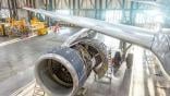 Aircraft engine open in hangar